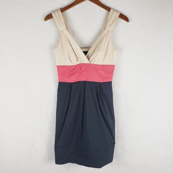 BCBGMaxAzria Mini Dress Women 0 Color Block Cream Pink Grey V-Neck Pockets - Picture 1 of 11
